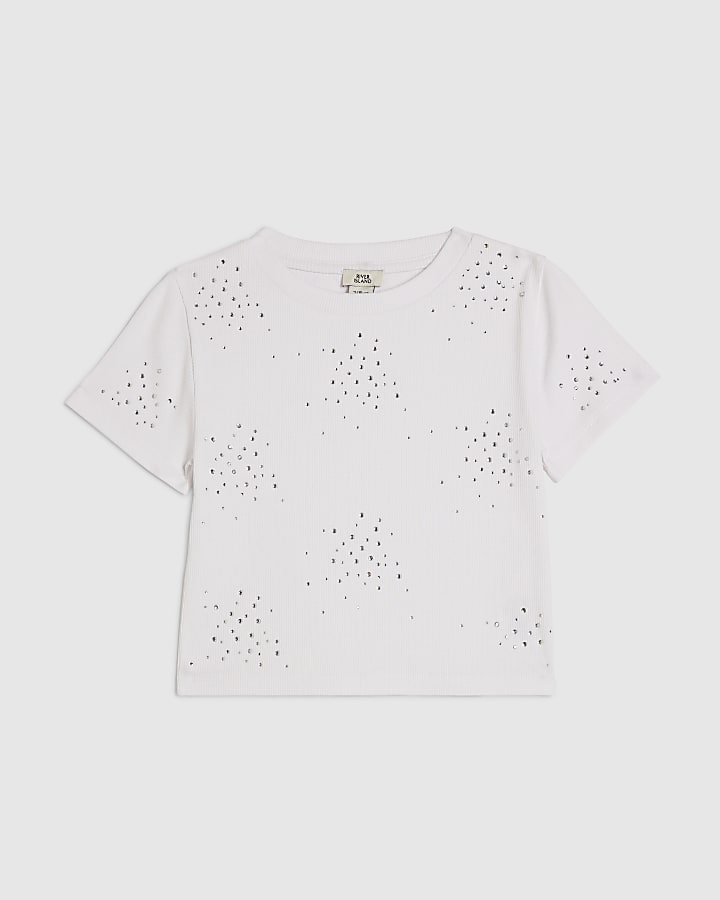 Girls White Scattered Embellished T-Shirt