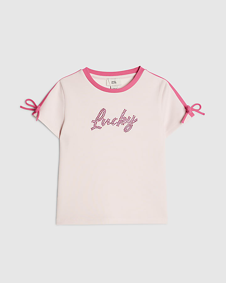 Girls Pink Side Stipe Bow Lucky T-Shirt
