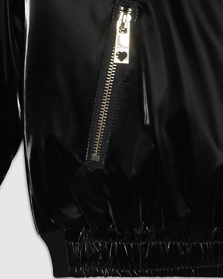 Girls Black High Shine Padded Bomber Jacket
