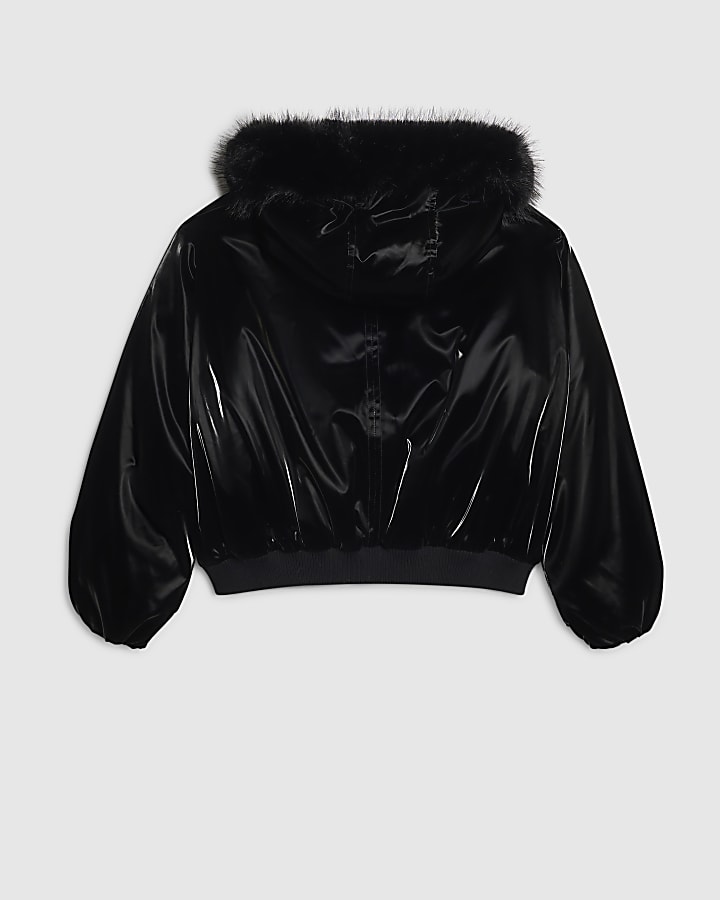 Girls Black High Shine Padded Bomber Jacket