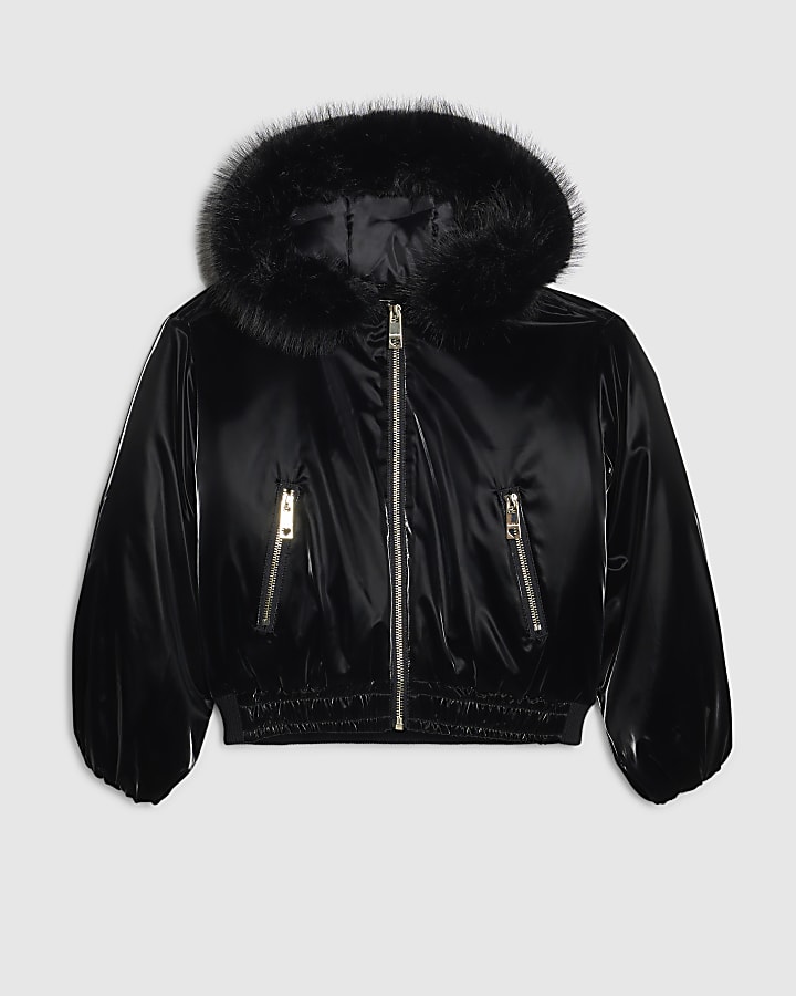 Girls Black High Shine Padded Bomber Jacket