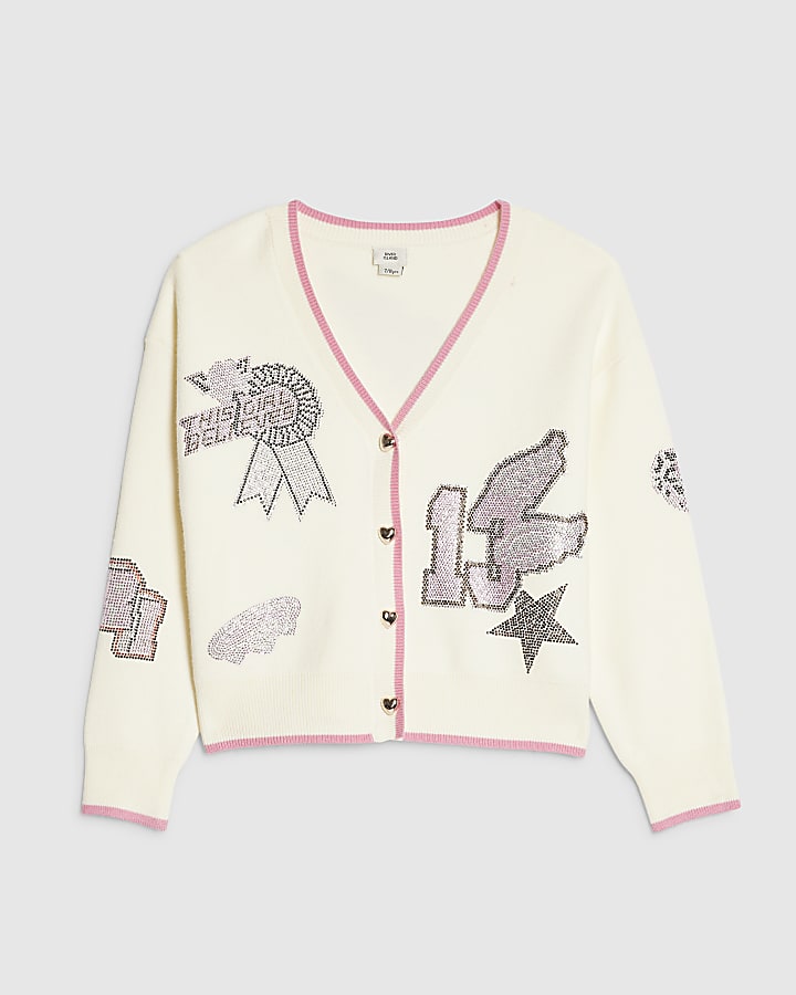 Girls Cream Varsity Cardigan