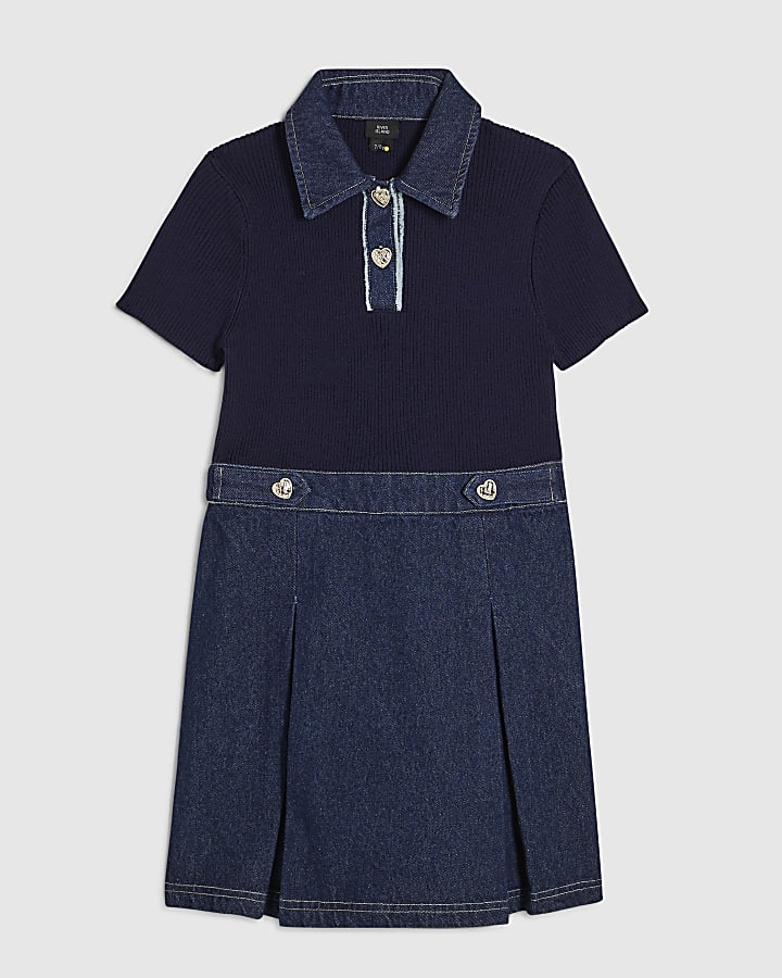 Girls Blue Denim Knit Hybrid Dress