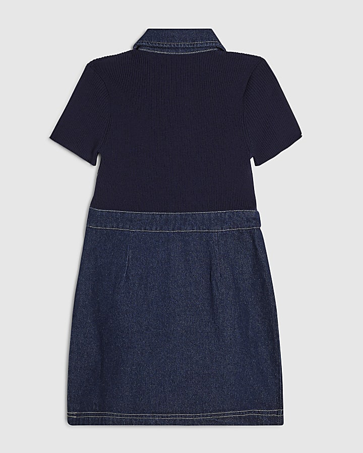 Girls Blue Denim Knit Hybrid Dress