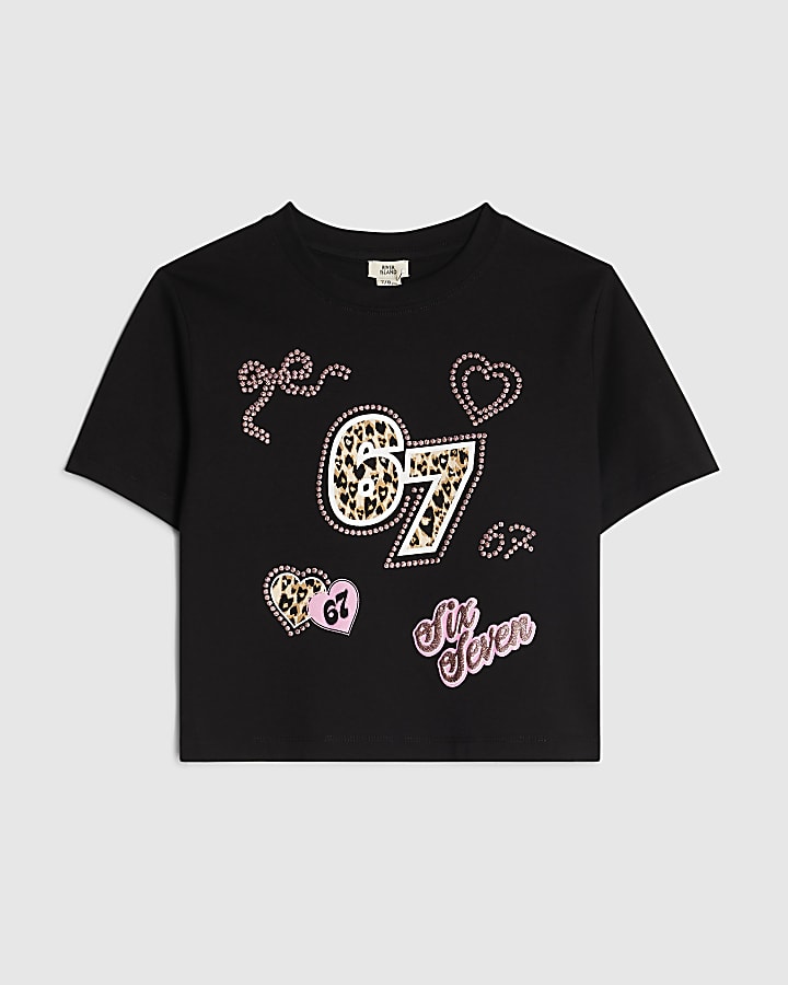 Girls Black Patchwork Six Seven Crop T-Shirt