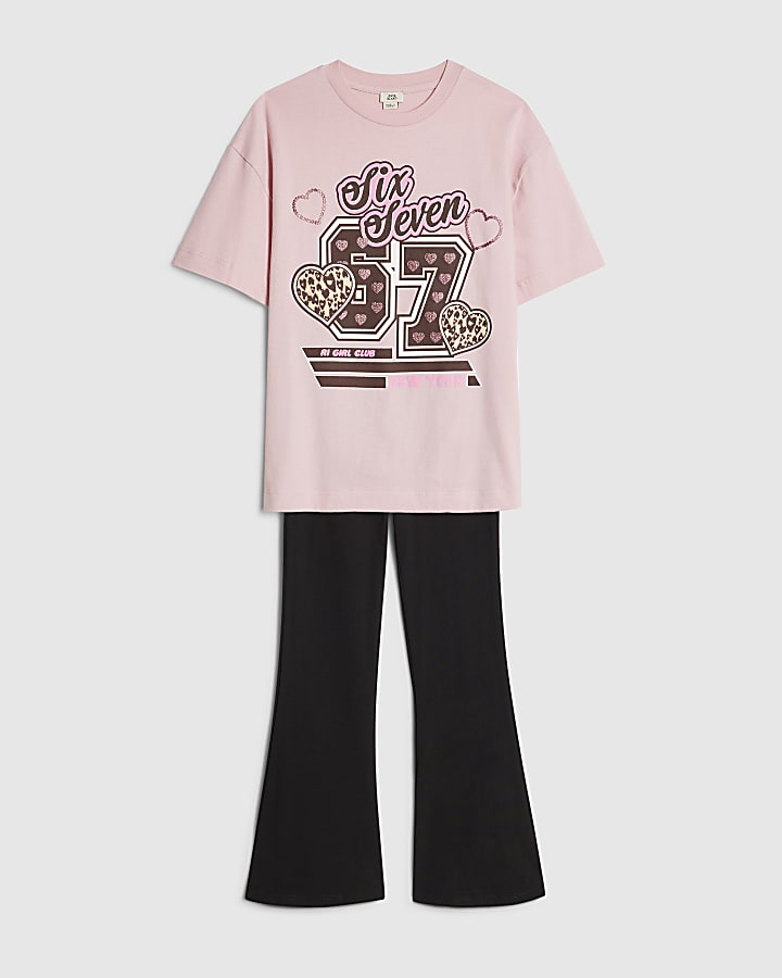 Girls Pink Leopard Six Seven Kick Flare Set