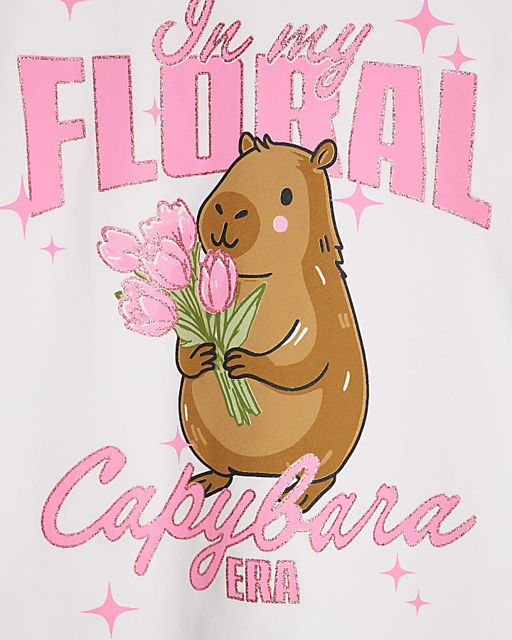 Girls White In My Floral Capybara Era T-Shirt
