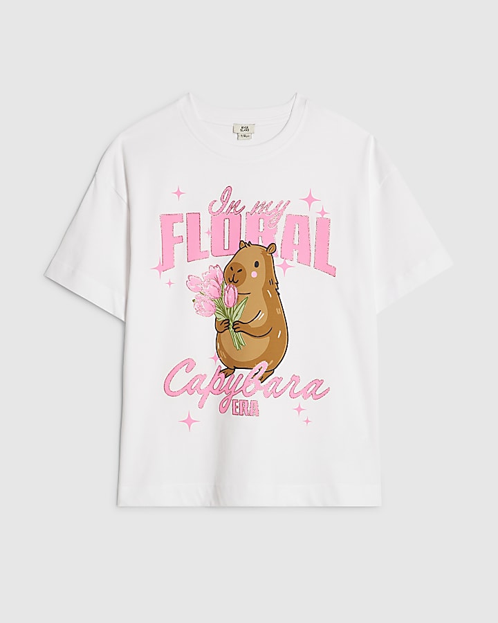 Girls White In My Floral Capybara Era T-Shirt