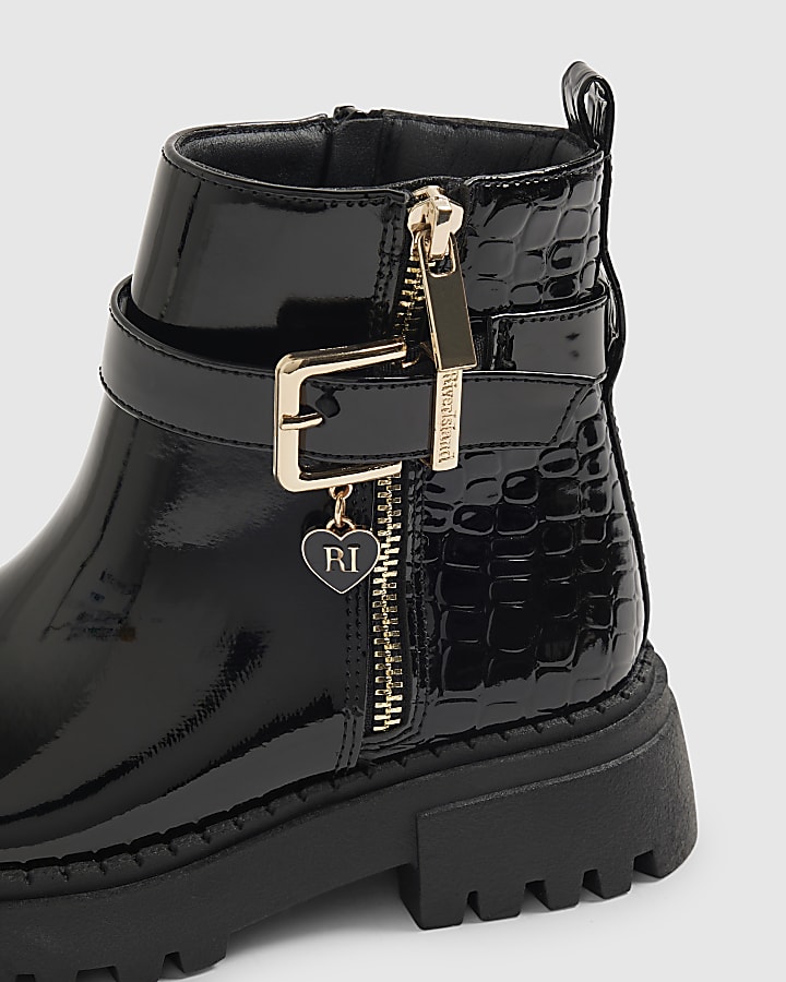 Girls Black Side Zip Croc Chelsea Boots