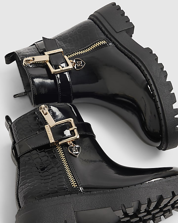 Girls Black Side Zip Croc Chelsea Boots