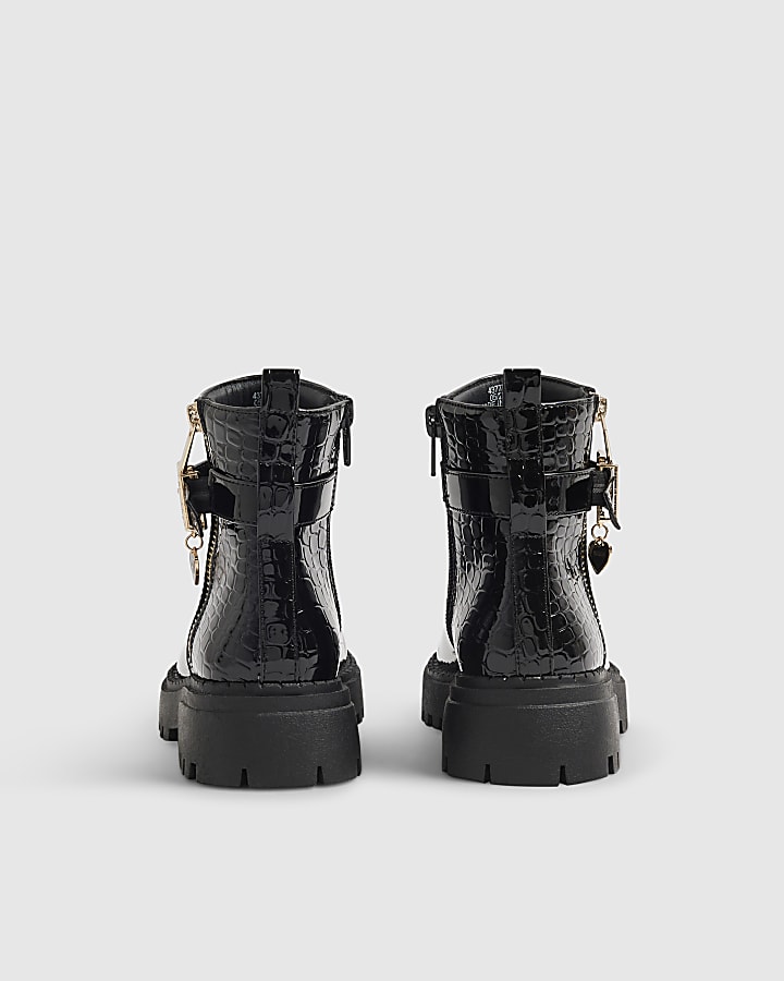 Girls Black Side Zip Croc Chelsea Boots