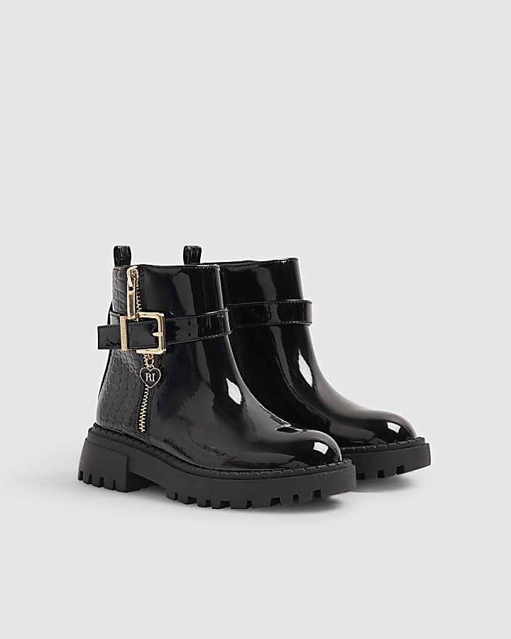 Girls Black Side Zip Croc Chelsea Boots
