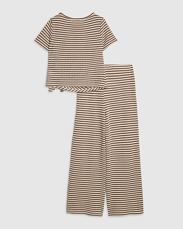 Girls Brown Stripe Textured Wrap T-shirt Set