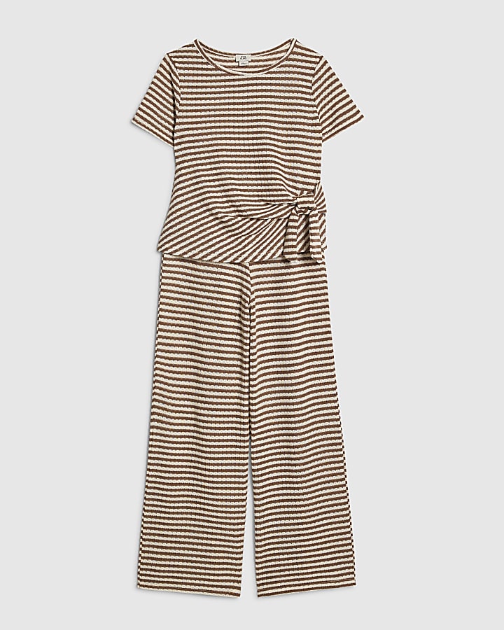 Girls Brown Stripe Textured Wrap T-shirt Set