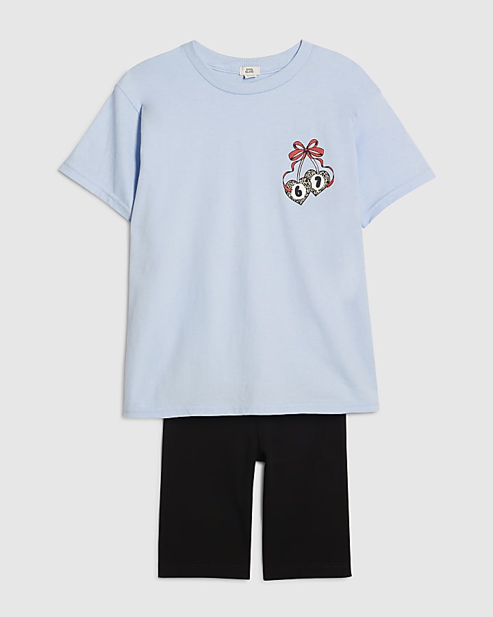 Girls Blue Leopard Girls Club 67 T-Shirt Set