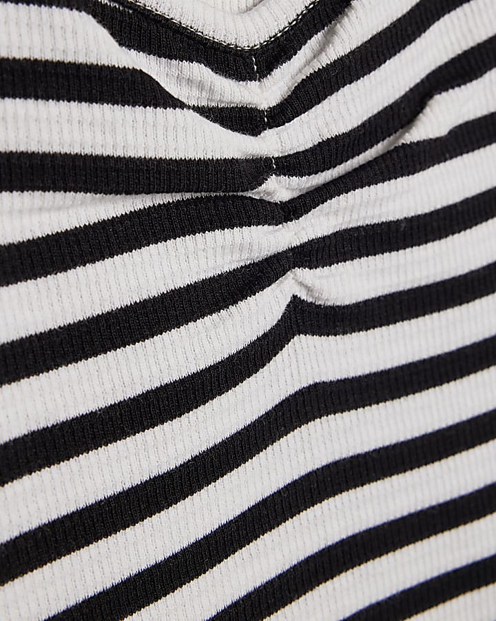 Girls Navy Stripe Ruched Ribbed Dress