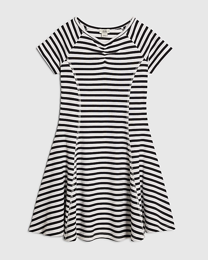 Girls Navy Stripe Ruched Ribbed Dress