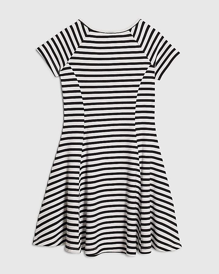Girls Navy Stripe Ruched Ribbed Dress