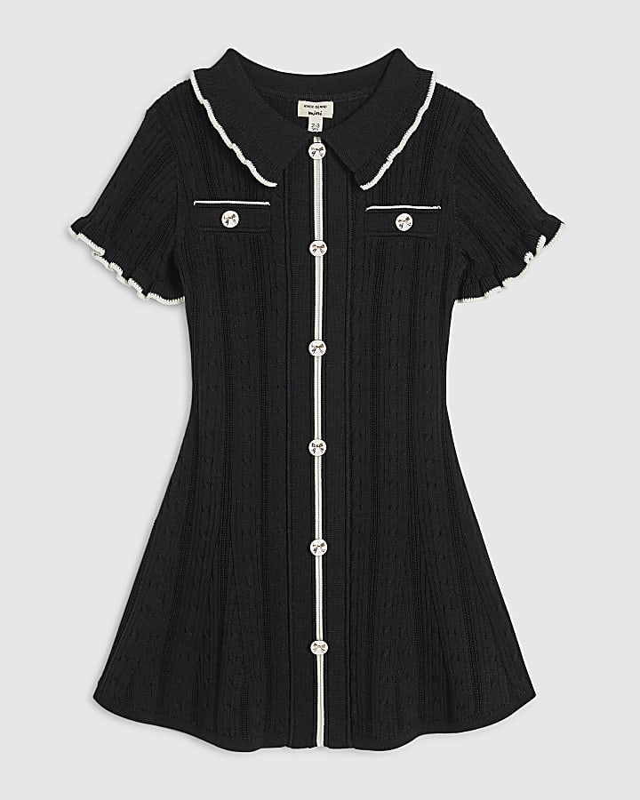 Mini Girls Black Scallop Knitted Dress
