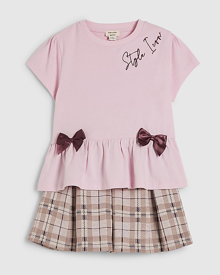 Mini Girls Pink Hybrid Check Skirt Set