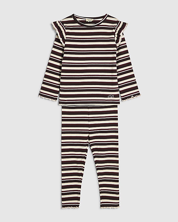 Mini Girls Burgundy Stripe Frilled Top Set