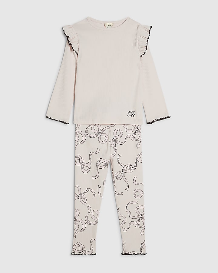 Mini Girls Pink Bow Frill Ribbed T-Shirt Set