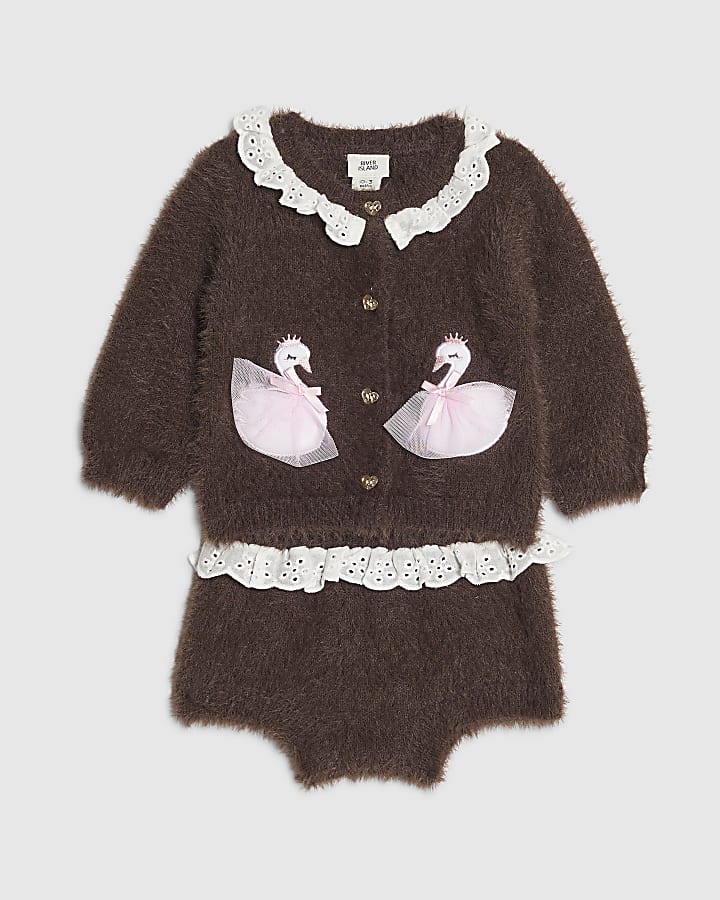 Baby Girls Brown Swan Cardigan 2 Piece set