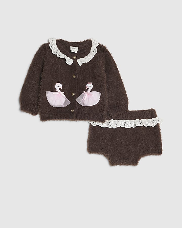 Baby Girls Brown Swan Cardigan 2 Piece set