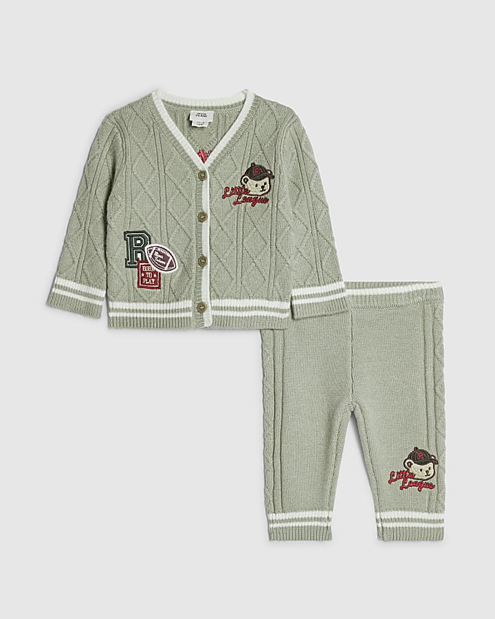 Baby Boys Khaki Cable Knitted Cardigan Set