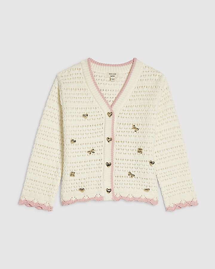 Mini Girls Cream Crochet Knit Charm Cardigan