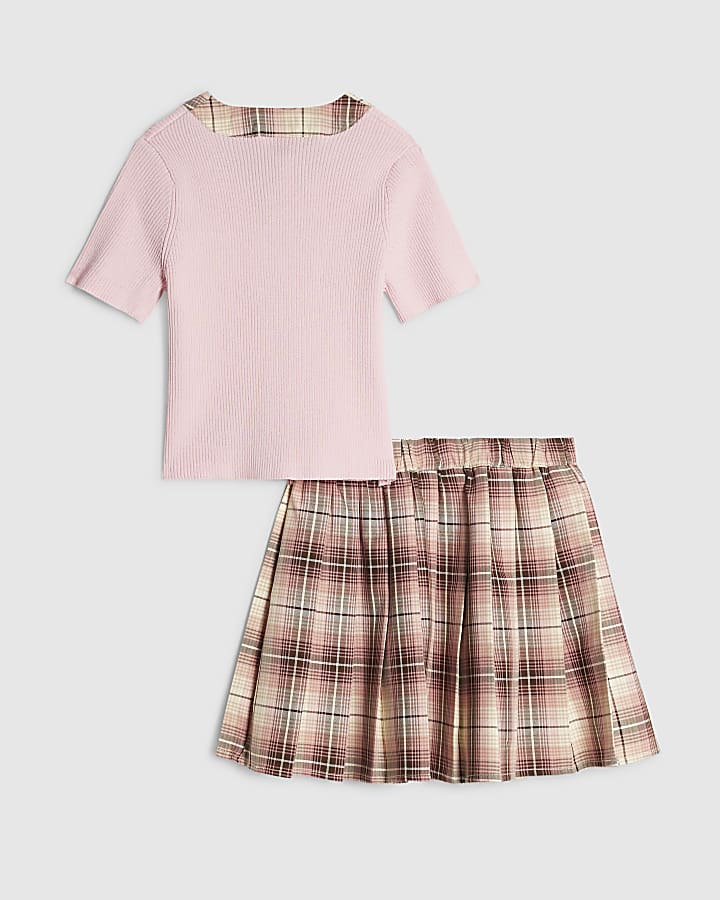 Girls Pink Checked Skirt Set