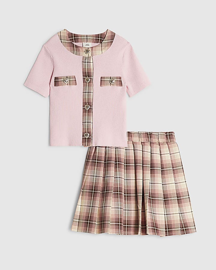 Girls Pink Checked Skirt Set