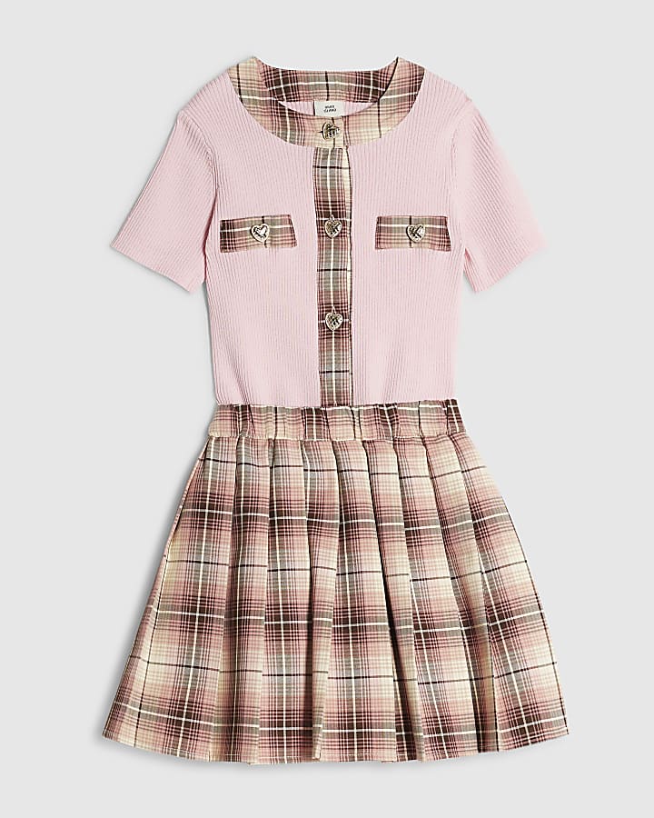 Girls Pink Checked Skirt Set