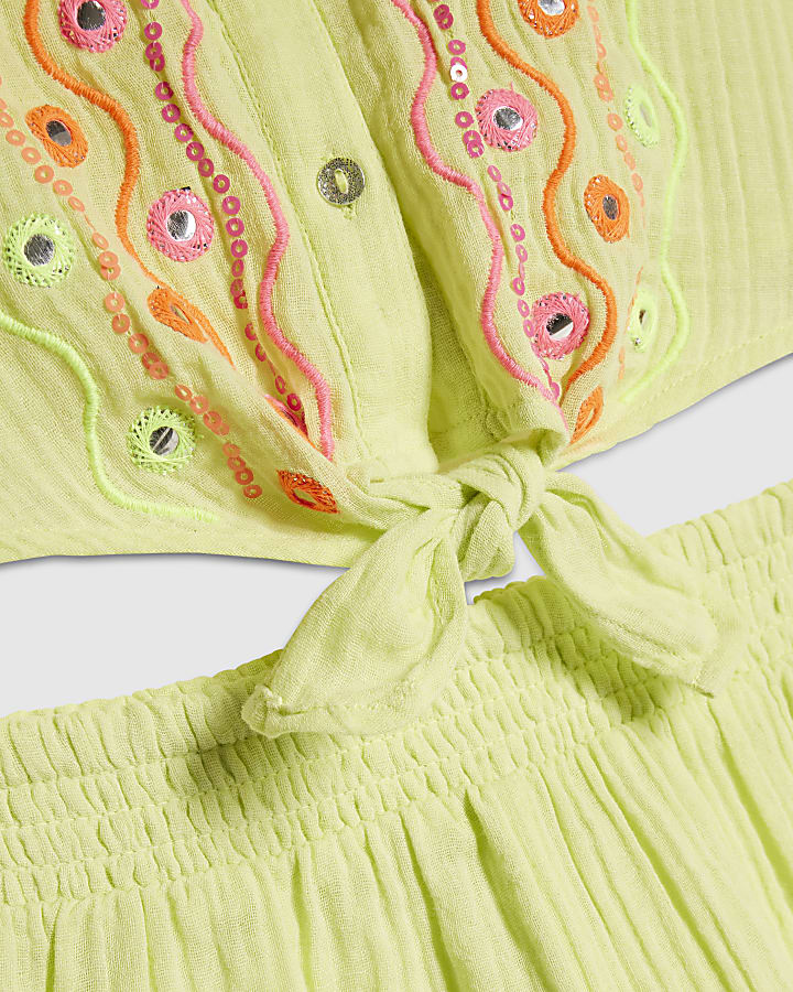 Girls Green Embroidered Shirt & Short Set