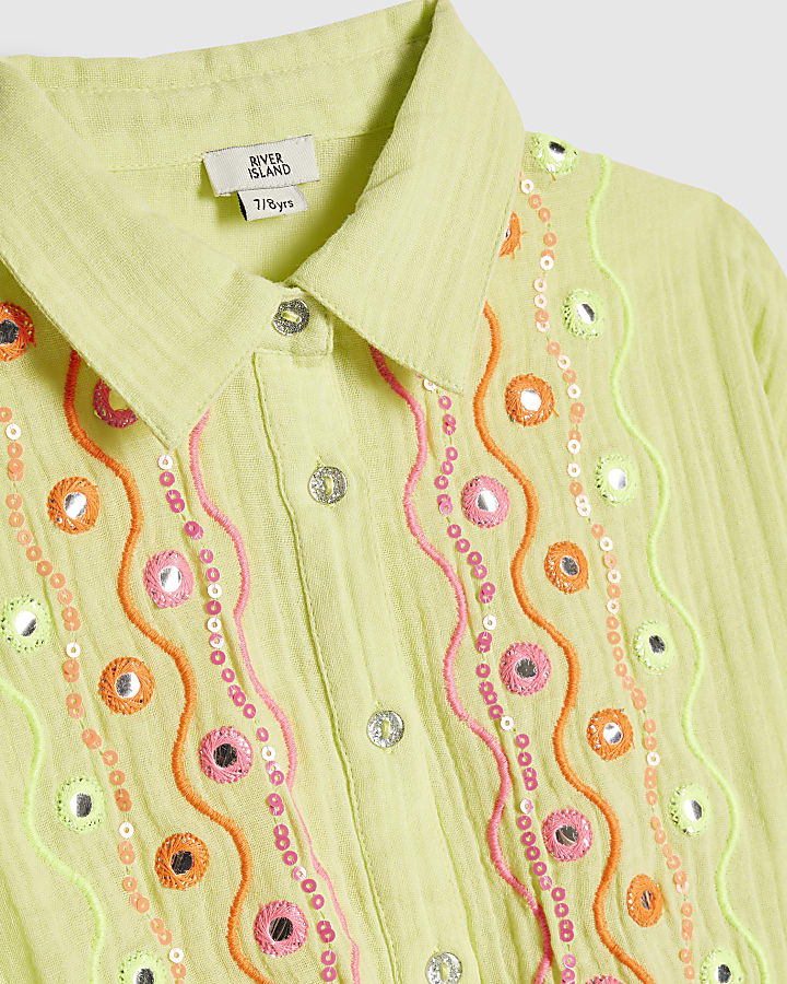 Girls Green Embroidered Shirt & Short Set