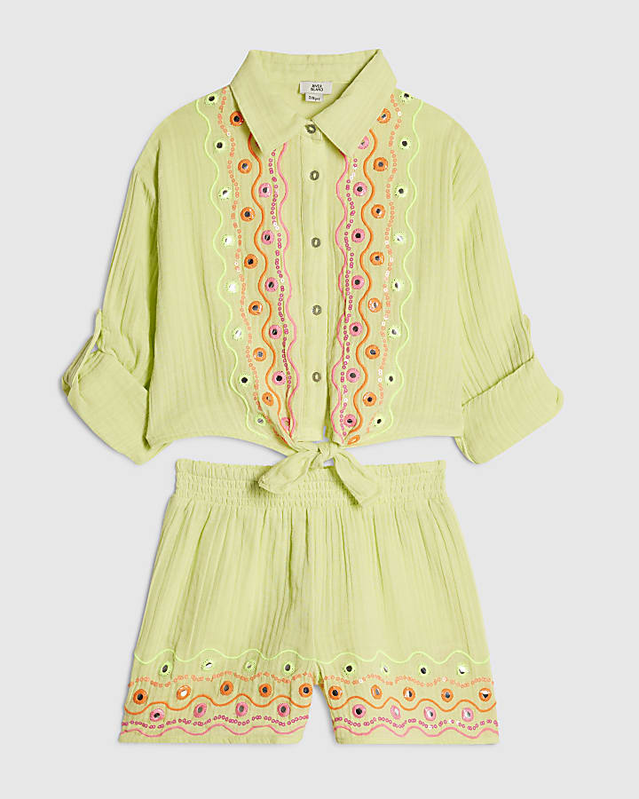 Girls Green Embroidered Shirt & Short Set