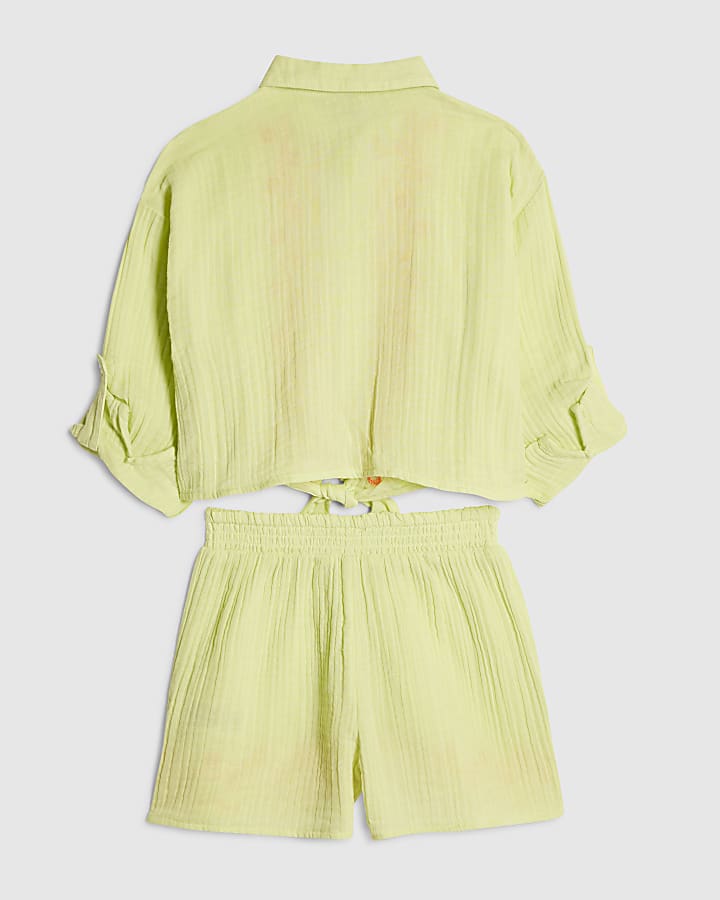 Girls Green Embroidered Shirt & Short Set