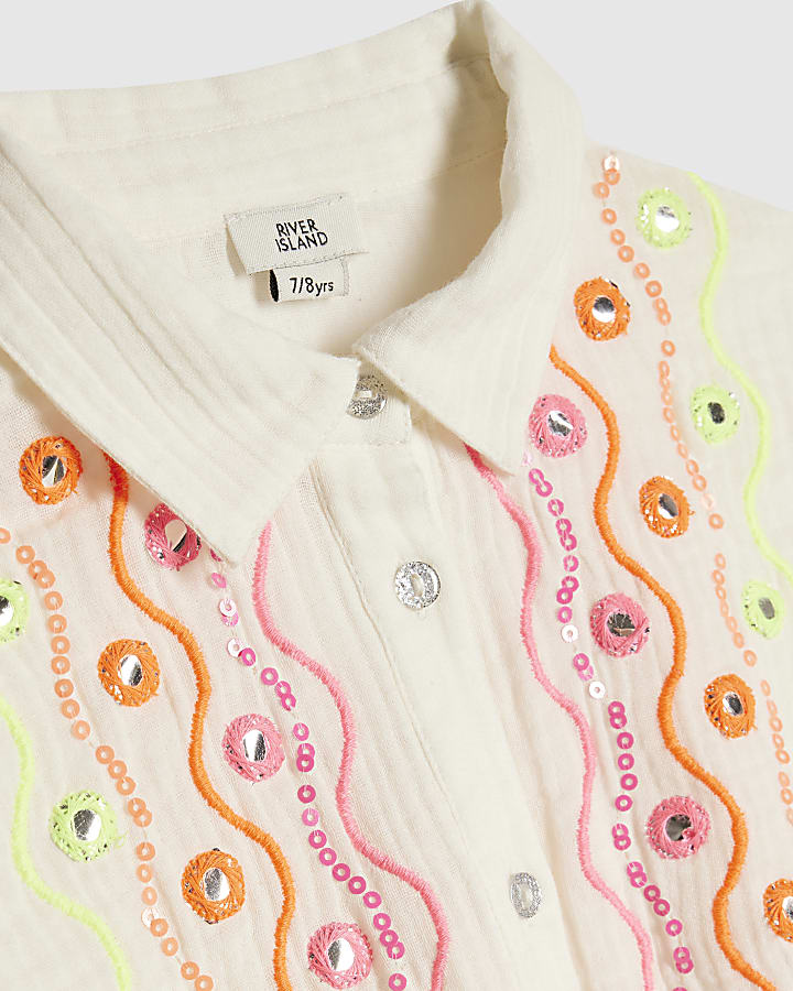 Girls Cream Mirror Embroidered Shirt Set