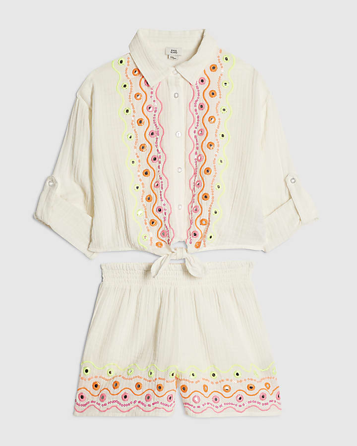 Girls Cream Mirror Embroidered Shirt Set