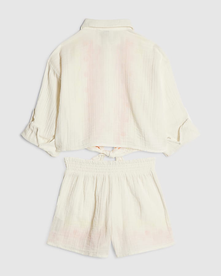 Girls Cream Mirror Embroidered Shirt Set