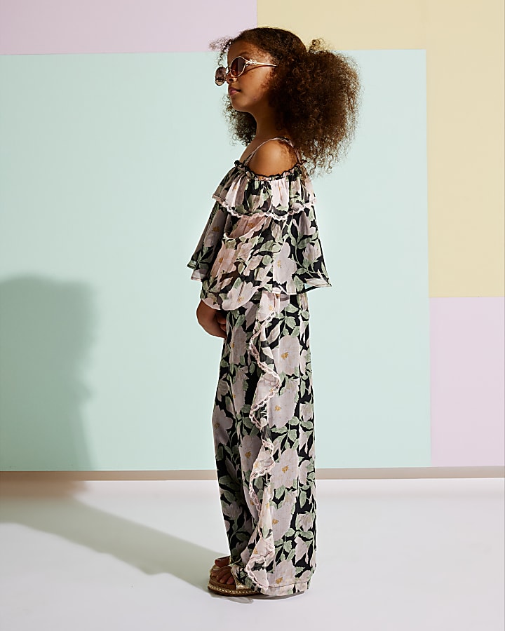 Girls Black Floral Chiffon Trousers