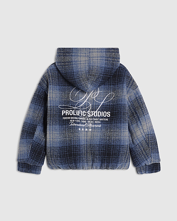 Boys Blue Check Borg Lined Hoodie