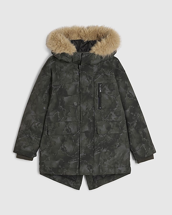 Boys Green Camo Faux Fur Hooded Parka Coat