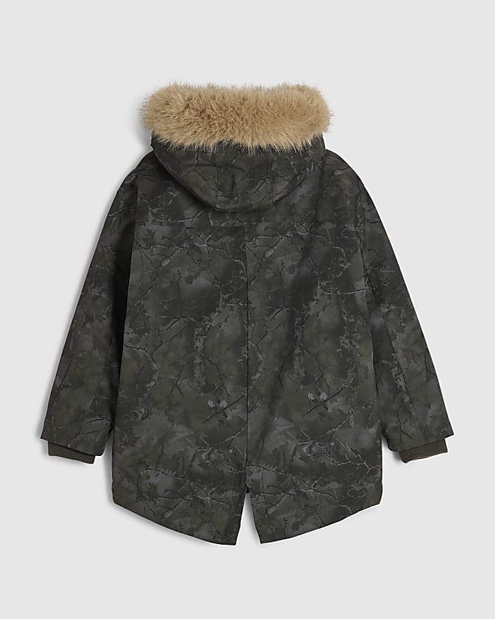 Boys Green Camo Faux Fur Hooded Parka Coat
