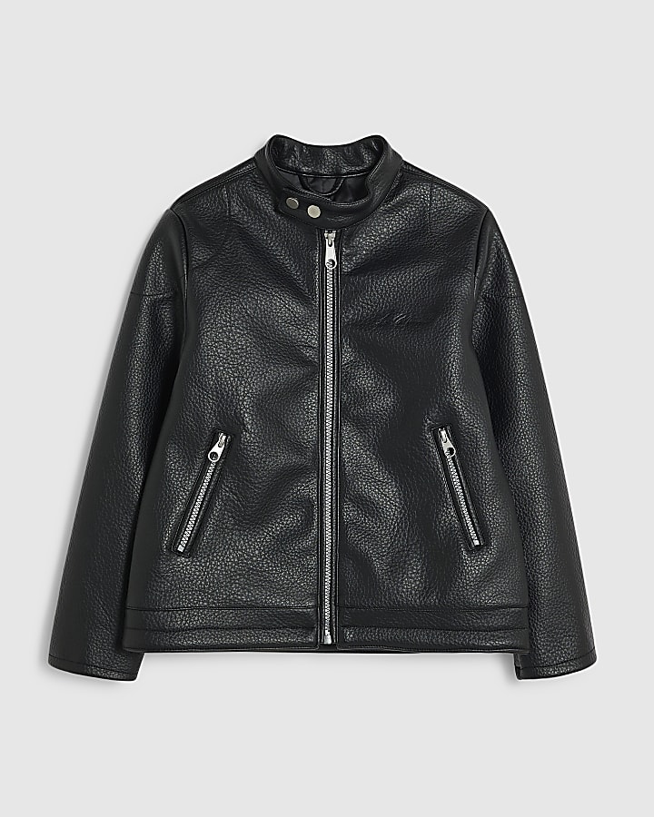Boys Black Faux Leather Racer Jacket