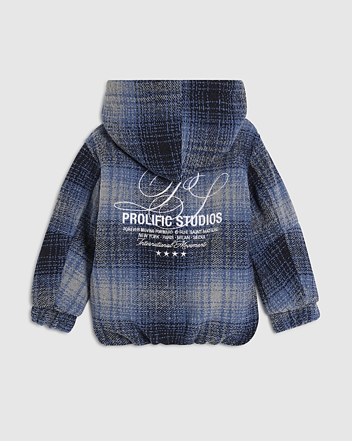 Mini Boys Blue Check Borg Lined Hoodie