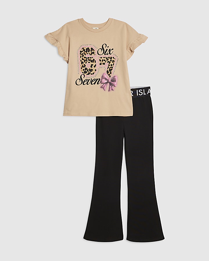 Girls Beige Leopard 67 T-Shirt Set