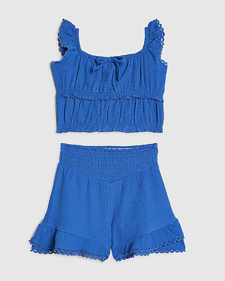 Girls Blue Frilled Shirred Top And Shorts Set