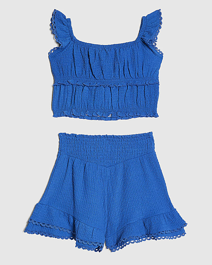 Girls Blue Frilled Shirred Top And Shorts Set