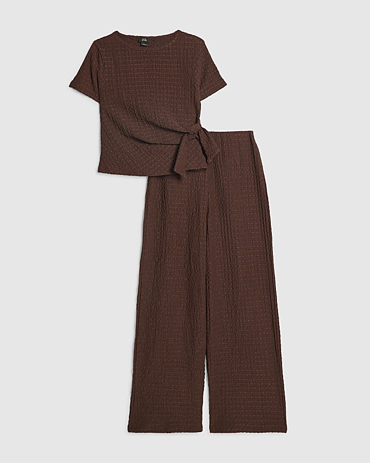 Girls Brown Textured T-Shirt Set